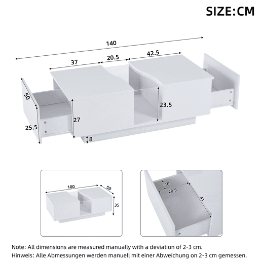 Mesa de café moderna LED - 100 x 50 x 35 cm - Mesa auxiliar branca com luz LED e painel acrílico - Branco Mesa de café moderna LED - 100 x 50 x 35 cm - Mesa auxiliar branca com luz LED e painel acrílico - Branco