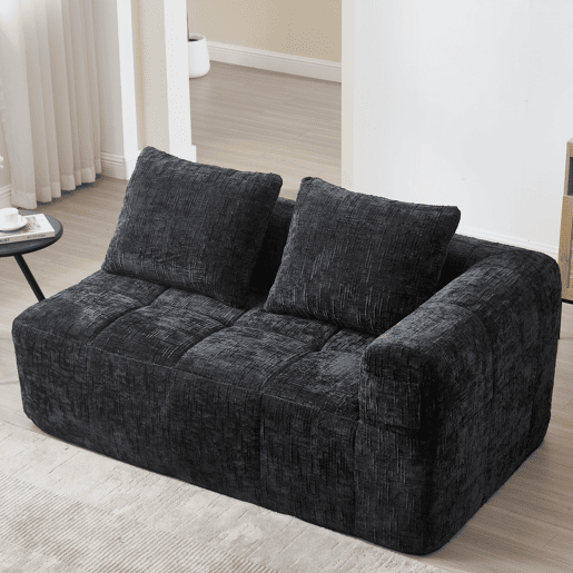 Sofá para 2 pessoas - Sofá confortável com almofada, sem montagem, com bolsos laterais para comando e telemóvel - Preto