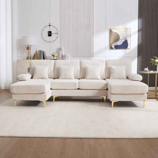 Sofá modular em U - LED ambiente e porta USB-C, estrutura em madeira maciça, 4 almofadas luxuosas - Bege