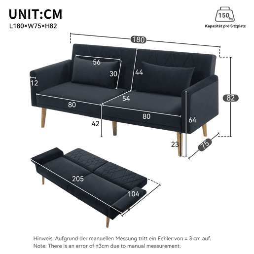 Sofá pequeno, sofá de dois lugares - sofá-cama com função de descanso - preto