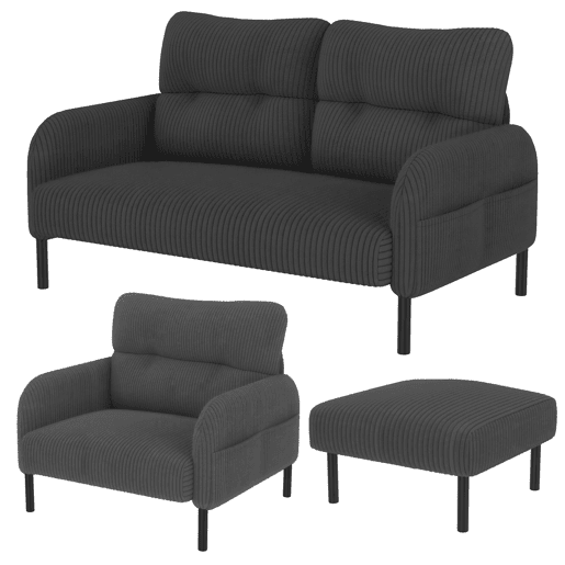 Conjunto de 3 peças: sofá de 2 lugares + poltrona + banqueta - Estrutura em aço com encosto macio e bolso lateral - Cinza