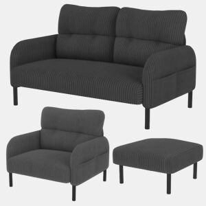 Conjunto de 3 peças: sofá de 2 lugares + poltrona + banqueta - Estrutura em aço com encosto macio e bolso lateral - Cinza