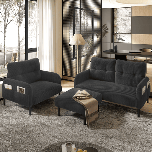 Conjunto de 3 peças: sofá de 2 lugares + poltrona + banqueta - Estrutura em aço com encosto macio e bolso lateral - Cinza