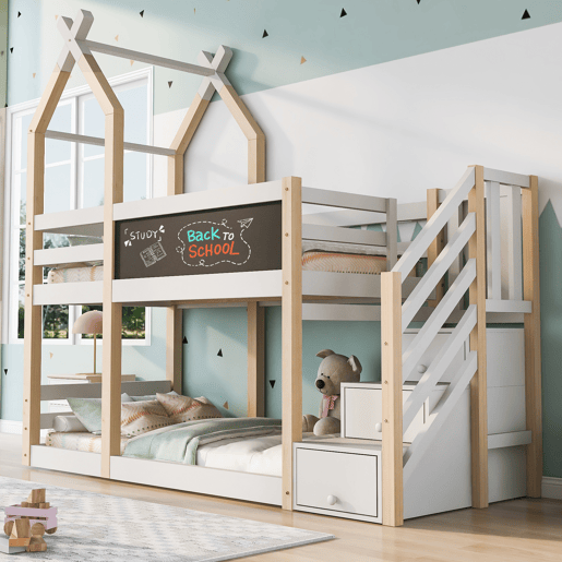 Beliche 90x200 - Design de casa na árvore, com quadro negro, arrumação e proteção contra quedas - Natural e Branco