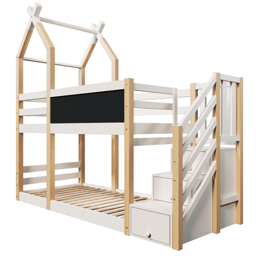 Beliche 90x200 - Design de casa na árvore, com quadro negro, arrumação e proteção contra quedas - Natural e Branco