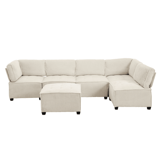 Sofá modular de 6 lugares, 308 cm - Ergonómico, com bolsos de arrumação, convertível em ULsofá-cama, estrutura em madeira e metal, fácil montagem - Bege
