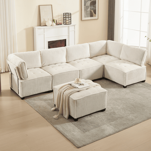 Sofá modular de 6 lugares, 308 cm - Ergonómico, com bolsos de arrumação, convertível em ULsofá-cama, estrutura em madeira e metal, fácil montagem - Bege
