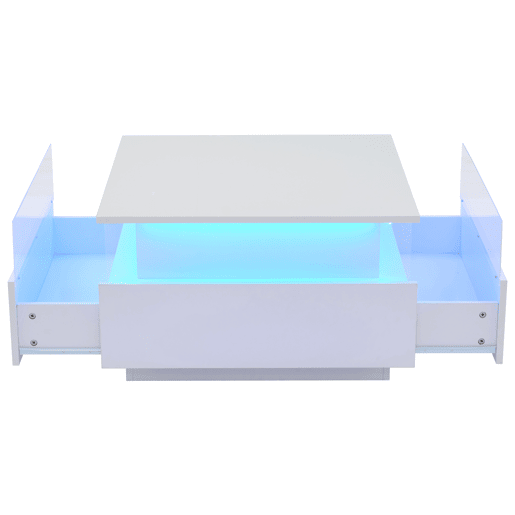 Mesa de centro LED 70x70x41 cm - 2 gavetas, área de exposição transparente - Branco