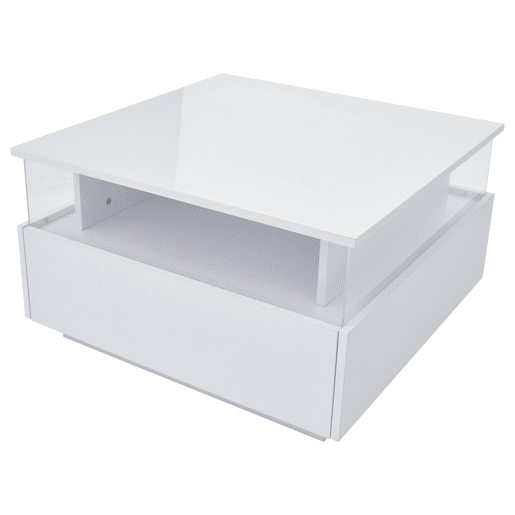 Mesa de centro LED 70x70x41 cm - 2 gavetas, área de exposição transparente - Branco