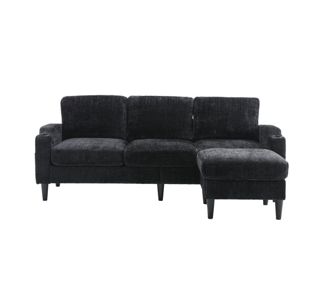 Sofá elegante 4 plazas - con reposapiés, almacenamiento, apoyabrazos cómodos, portavasos, bolsillos laterales y pies de plástico robustos - negro