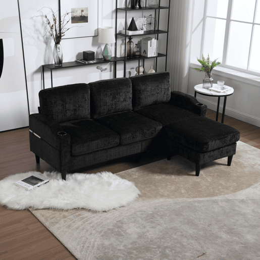 Sofá elegante de 4 lugares - Com apoio para os pés, arrumação, apoios de braços confortáveis, porta-copos, bolsos laterais e pés de plástico robustos - Preto
