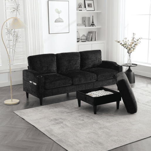 Sofá elegante de 4 lugares - Com apoio para os pés, arrumação, apoios de braços confortáveis, porta-copos, bolsos laterais e pés de plástico robustos - Preto