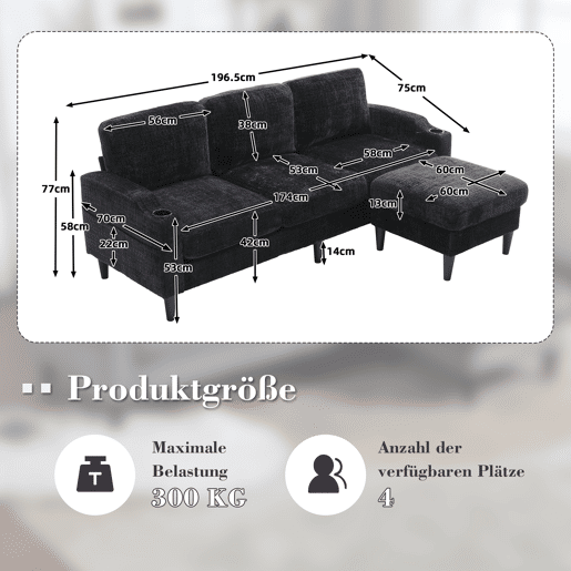 Sofá elegante de 4 lugares - Com apoio para os pés, arrumação, apoios de braços confortáveis, porta-copos, bolsos laterais e pés de plástico robustos - Preto