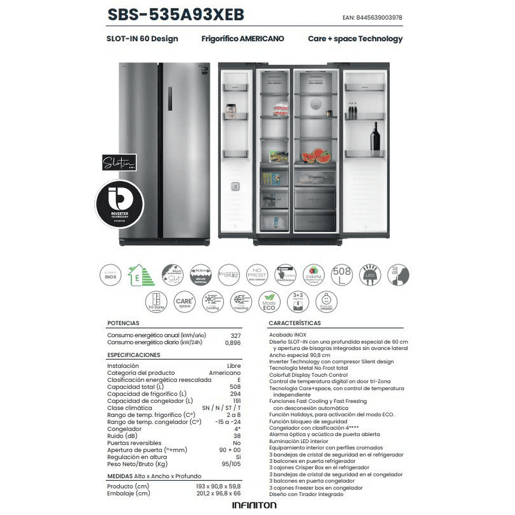 Frigorífico Americano Infiniton SBS-535A93XEB u2013 Aço Inox, Slot-In, 508L