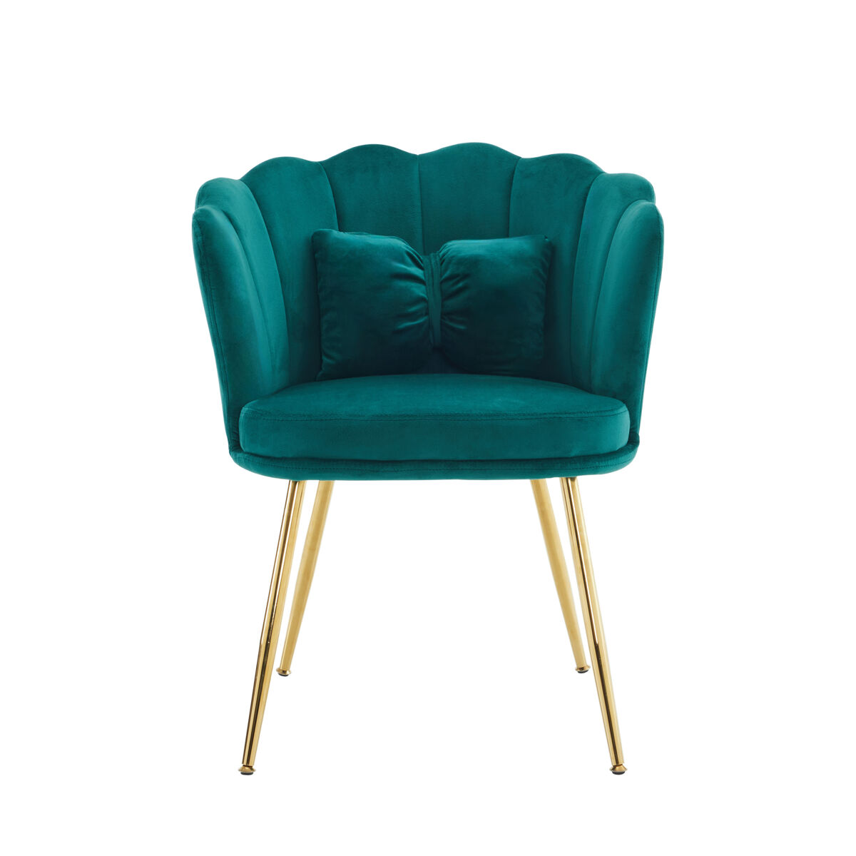 Sillón moderno de terciopelo - cómodo, acolchado, con respaldo de pétalos y patas metálicas doradas - verde