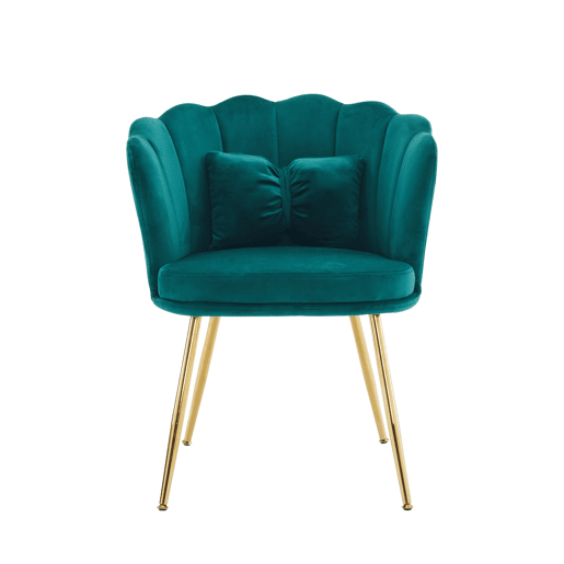 Poltrona moderna de veludo - confortável, acolchoada, com encosto em forma de pétalas e pernas metálicas douradas - Verde