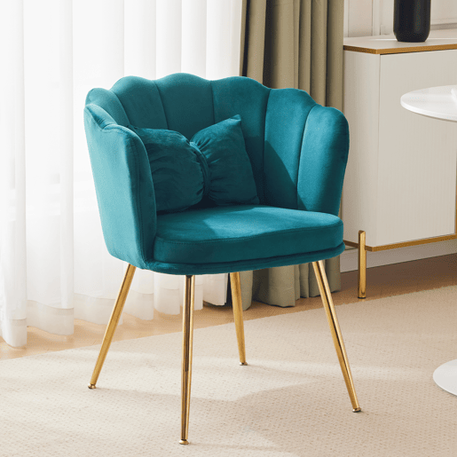 Poltrona moderna de veludo - confortável, acolchoada, com encosto em forma de pétalas e pernas metálicas douradas - Verde