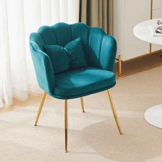 Poltrona moderna de veludo - confortável, acolchoada, com encosto em forma de pétalas e pernas metálicas douradas - Verde
