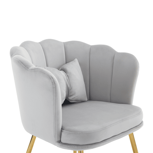 Poltrona moderna de veludo - Poltrona de banho confortável e decorativa com encosto em pétalas e pés metálicos dourados - Cinza