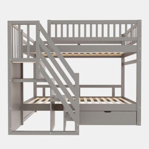 Cama beliche 90*200 cm - Com painel de segurança alto, com estrado, escada de segurança com arrumação, com gavetas, cama infantil juvenil - Cinza