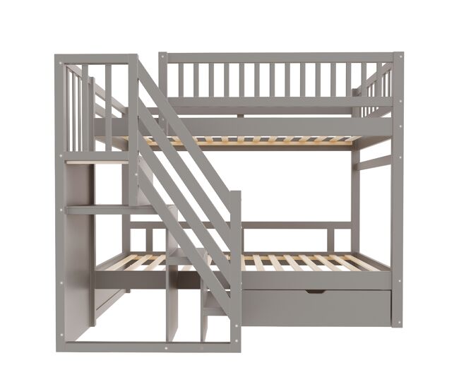 Cama litera 90*200 cm - con alto panel de seguridad, con somier, escalera de seguridad con almacenamiento, con cajones, cama infantil juvenil - gris