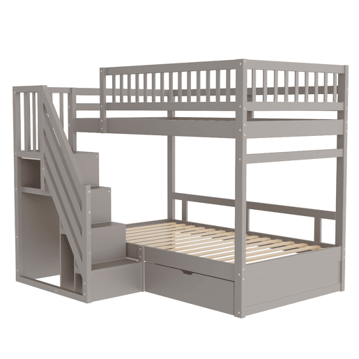 Cama beliche 90*200 cm - Com painel de segurança alto, com estrado, escada de segurança com arrumação, com gavetas, cama infantil juvenil - Cinza