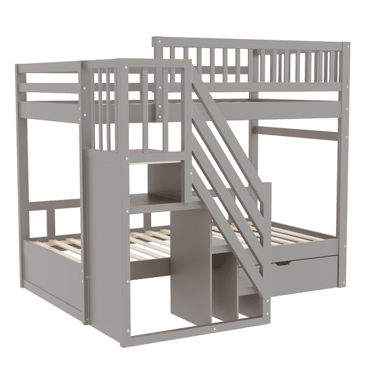 Cama beliche 90*200 cm - Com painel de segurança alto, com estrado, escada de segurança com arrumação, com gavetas, cama infantil juvenil - Cinza