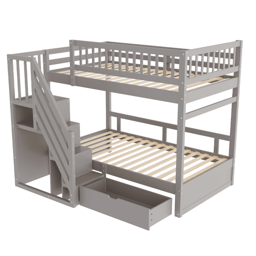 Cama beliche 90*200 cm - Com painel de segurança alto, com estrado, escada de segurança com arrumação, com gavetas, cama infantil juvenil - Cinza