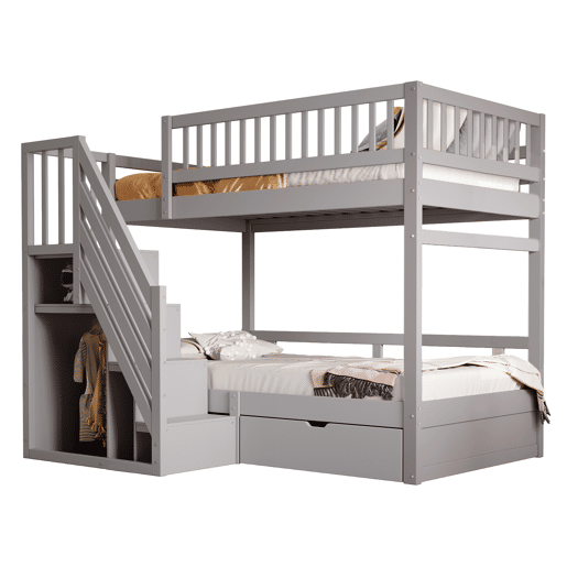Cama beliche 90*200 cm - Com painel de segurança alto, com estrado, escada de segurança com arrumação, com gavetas, cama infantil juvenil - Cinza