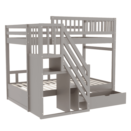 Cama beliche 90*200 cm - Com painel de segurança alto, com estrado, escada de segurança com arrumação, com gavetas, cama infantil juvenil - Cinza