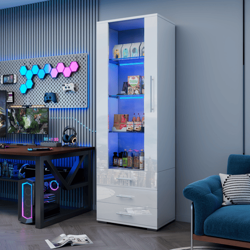 Vitrine de pé 60x35x180 cm - Vitrine de vidro com LED, vertical, com 3 gavetas - Branco Vitrine de pé 60x35x180 cm - Vitrine de vidro com LED, vertical, com 3 gavetas - Branco