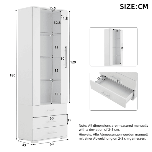 Vitrine de pé 60x35x180 cm - Vitrine de vidro com LED, vertical, com 3 gavetas - Branco Vitrine de pé 60x35x180 cm - Vitrine de vidro com LED, vertical, com 3 gavetas - Branco