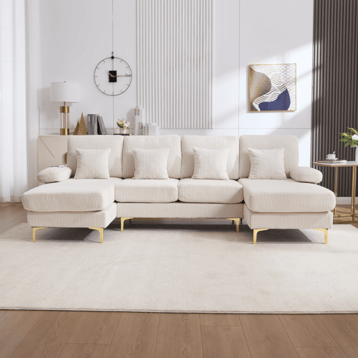 Sofá modular em U - LED ambiente e porta USB-C, estrutura em madeira maciça, 4 almofadas luxuosas - Bege