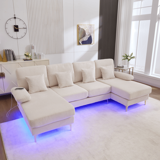 Sofá modular em U - LED ambiente e porta USB-C, estrutura em madeira maciça, 4 almofadas luxuosas - Bege