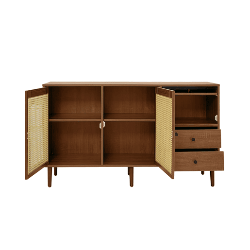 Aparador estilo rústico 130x75,5x40 cm - Portas em rattan, fecho magnético, prateleiras ajustáveis - Design elegante e versátil - Cor madeira