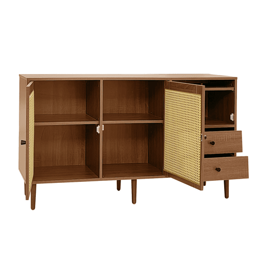 Aparador estilo rústico 130x75,5x40 cm - Portas em rattan, fecho magnético, prateleiras ajustáveis - Design elegante e versátil - Cor madeira