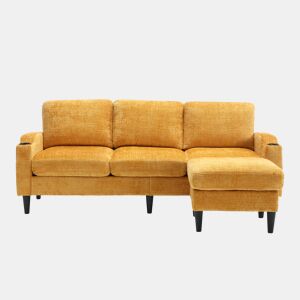 Sofá elegante de 4 lugares - com otomano, apoios de braços confortáveis, porta-copos, bolsos laterais e pés de plástico robustos - Amarelo