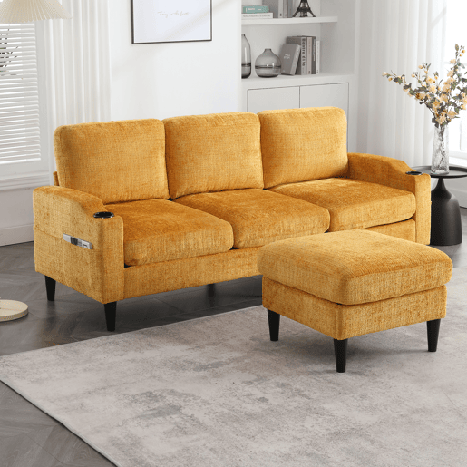 Sofá elegante de 4 lugares - com otomano, apoios de braços confortáveis, porta-copos, bolsos laterais e pés de plástico robustos - Amarelo