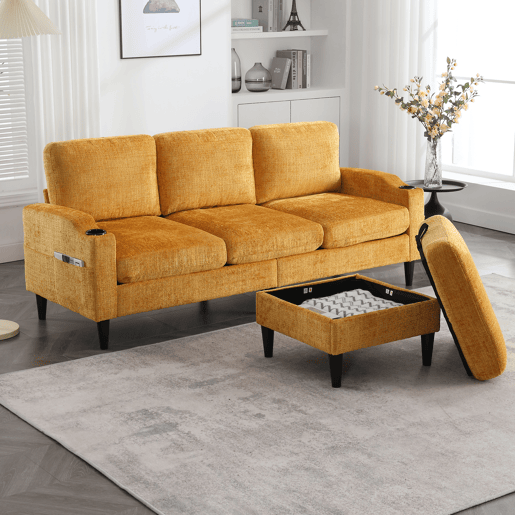 Sofá elegante de 4 lugares - com otomano, apoios de braços confortáveis, porta-copos, bolsos laterais e pés de plástico robustos - Amarelo