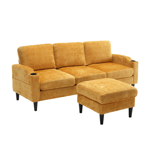 Sofá elegante de 4 lugares - com otomano, apoios de braços confortáveis, porta-copos, bolsos laterais e pés de plástico robustos - Amarelo