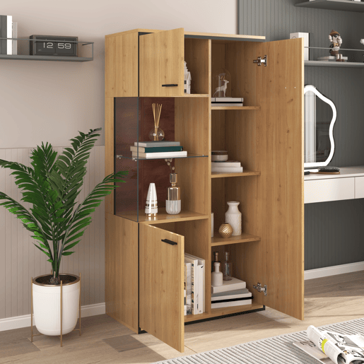 Vitrine moderna 150 cm - Com iluminação LED, portas de vidro, prateleiras multifuncionais, grande capacidade de armazenamento - Natural
