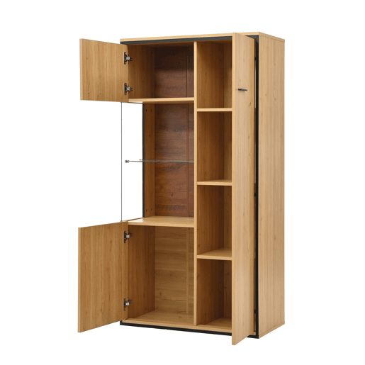 Vitrine moderna 150 cm - Com iluminação LED, portas de vidro, prateleiras multifuncionais, grande capacidade de armazenamento - Natural