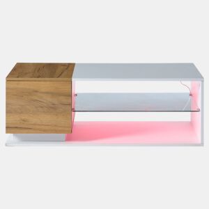 Mesa de café LED 105x50x36cm - Mesa de sala com iluminação LED, mesa com arrumação - Branco + Natural