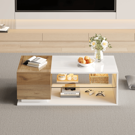 Mesa de café LED 105x50x36cm - Mesa de sala com iluminação LED, mesa com arrumação - Branco + Natural