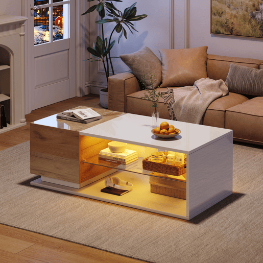 Mesa de café LED 105x50x36cm - Mesa de sala com iluminação LED, mesa com arrumação - Branco + Natural