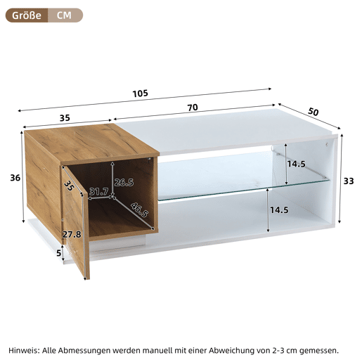 Mesa de café LED 105x50x36cm - Mesa de sala com iluminação LED, mesa com arrumação - Branco + Natural