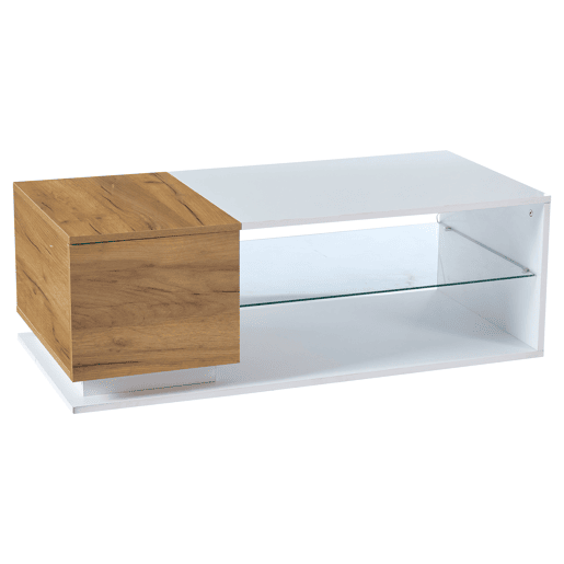 Mesa de café LED 105x50x36cm - Mesa de sala com iluminação LED, mesa com arrumação - Branco + Natural