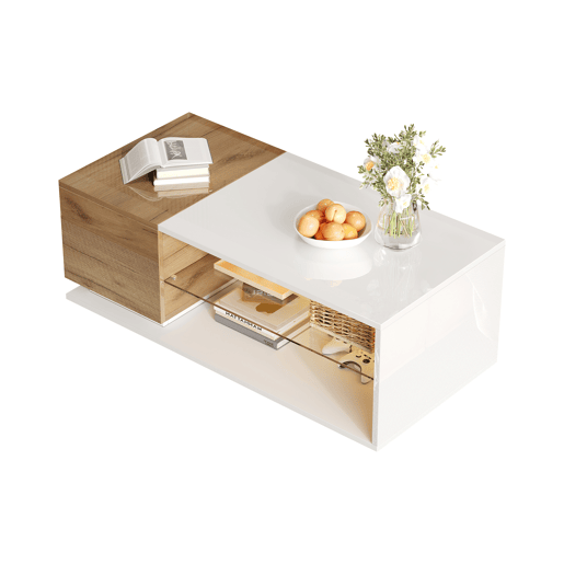 Mesa de café LED 105x50x36cm - Mesa de sala com iluminação LED, mesa com arrumação - Branco + Natural