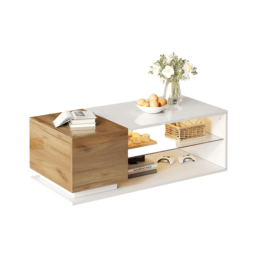 Mesa de café LED 105x50x36cm - Mesa de sala com iluminação LED, mesa com arrumação - Branco + Natural