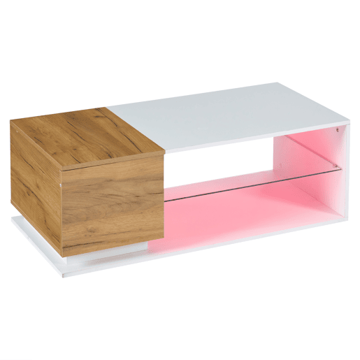 Mesa de café LED 105x50x36cm - Mesa de sala com iluminação LED, mesa com arrumação - Branco + Natural